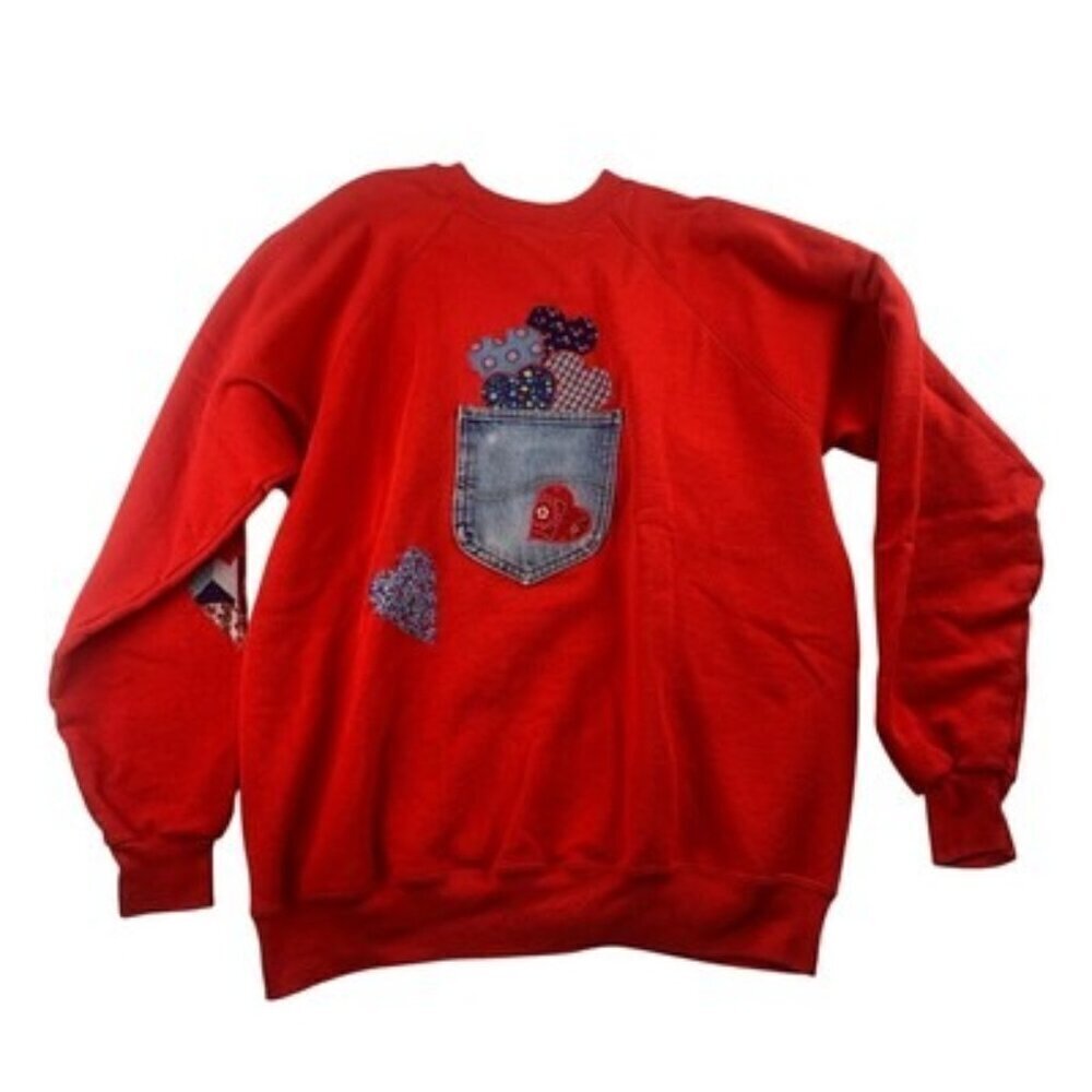 Hanes Red Sweatshirt X-Large With Denim Heart Pocket & Patchwork Appliqué